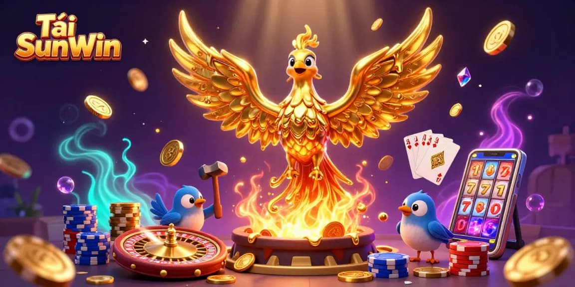 Tải SunWin features a golden phoenix and casino elements in a vibrant 3D illustration.