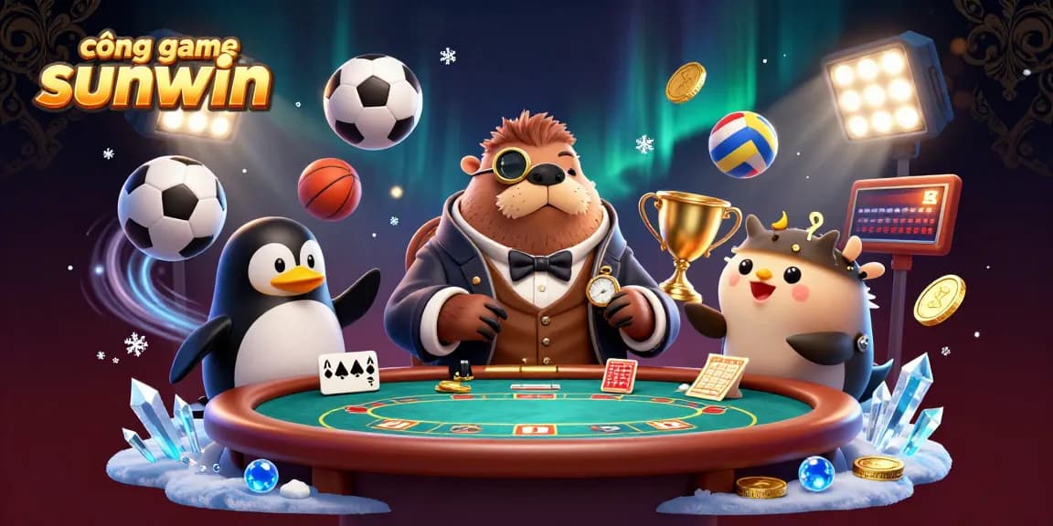 Engage with cổng game sunwin in an energetic underwater poker scene featuring a walrus, penguin dealer, and bluffing pufferfish.