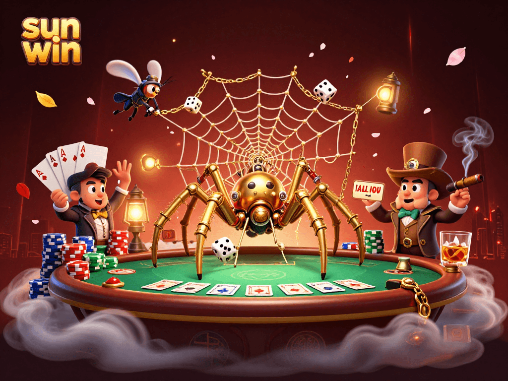 Engage with sun win's thrilling gambling scene featuring a golden spider and poker elements.