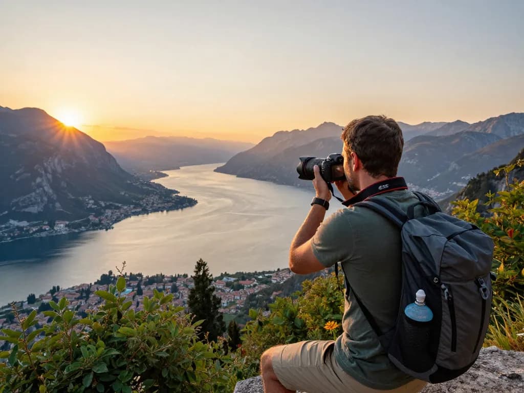 Malersicher Sonnenuntergangsblick auf den Gardasee mit Reisendem, der Gardasee Reisetipps Momente in der Natur festhält.