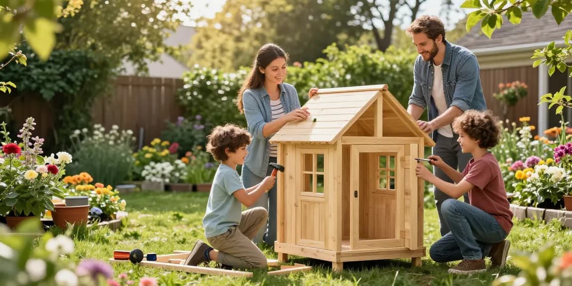 Familie beim Gartenhaus kaufen und zusammenbauen im eigenen Garten.