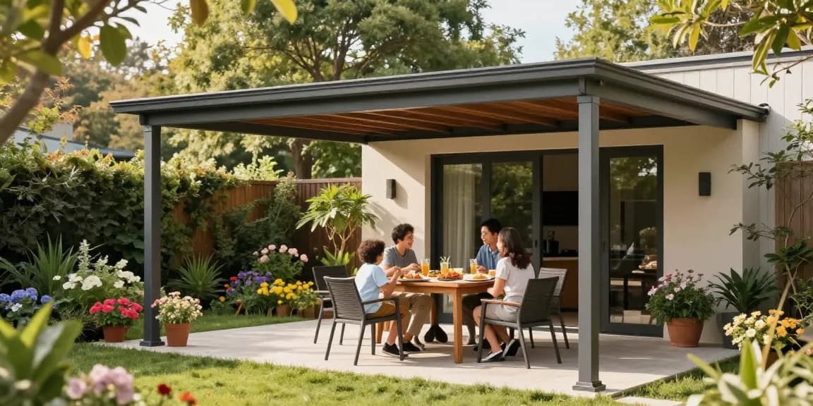 Freistehende Terrassenüberdachung mit Familie beim Essen im Garten, einladende Atmosphäre.