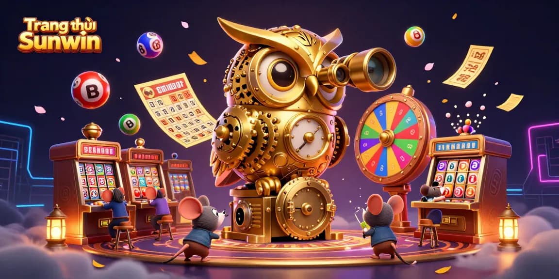 Play exciting games at Trang chủ Sunwin with a dazzling 3D casino scene, featuring vibrant lottery elements and an owl mascot.