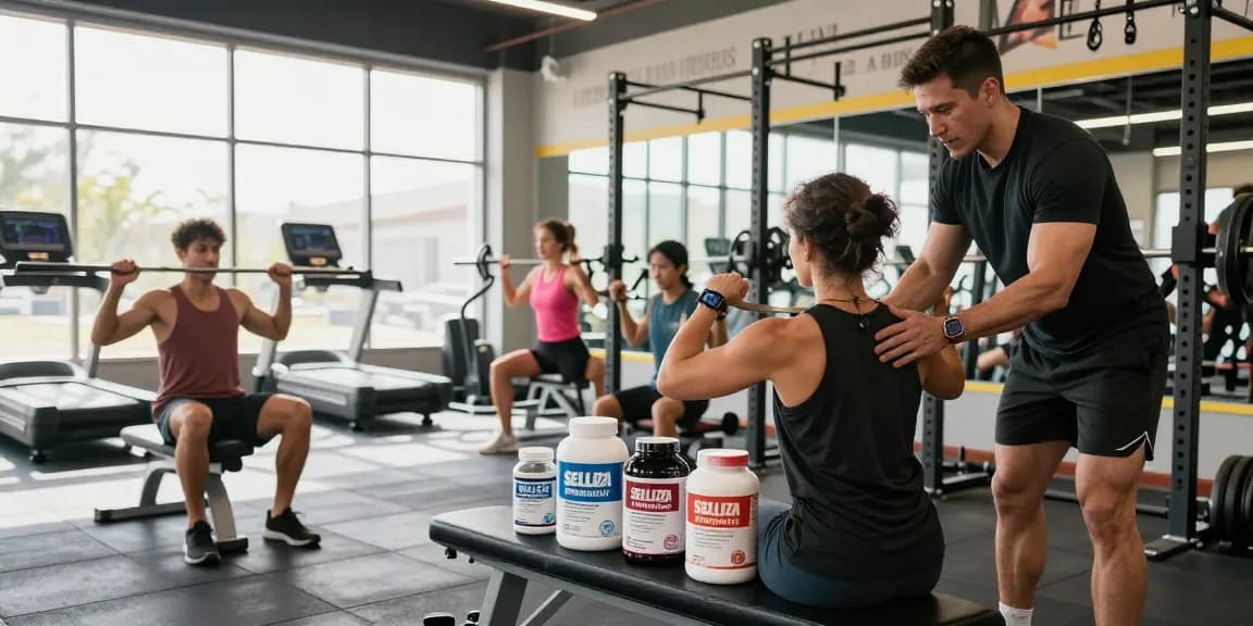 Vertrauenswürdige Produkte von Selliza Shop in einem Fitnessstudio mit engagierten Athleten.