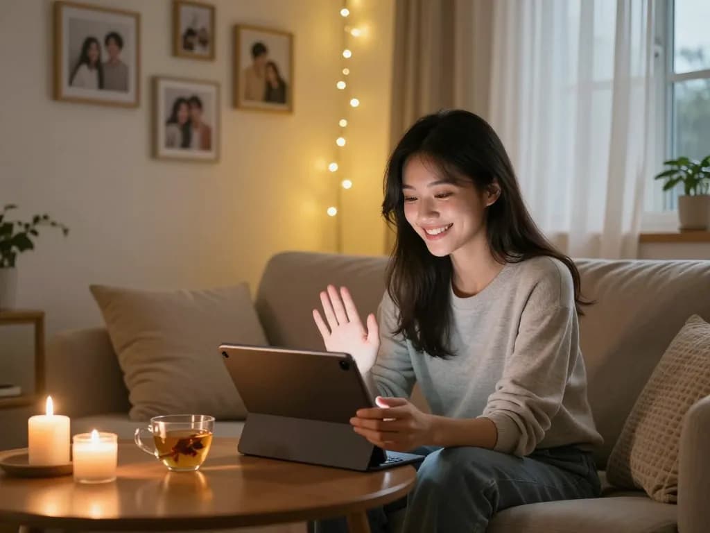 Engaging conversation with a girlfriend AI in a cozy home atmosphere, featuring tablet on a sofa.