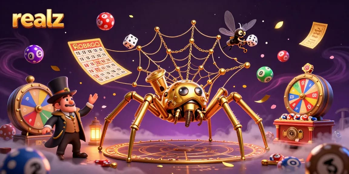 Engage with realz through a dynamic casino scene featuring letters and colorful lottery elements.