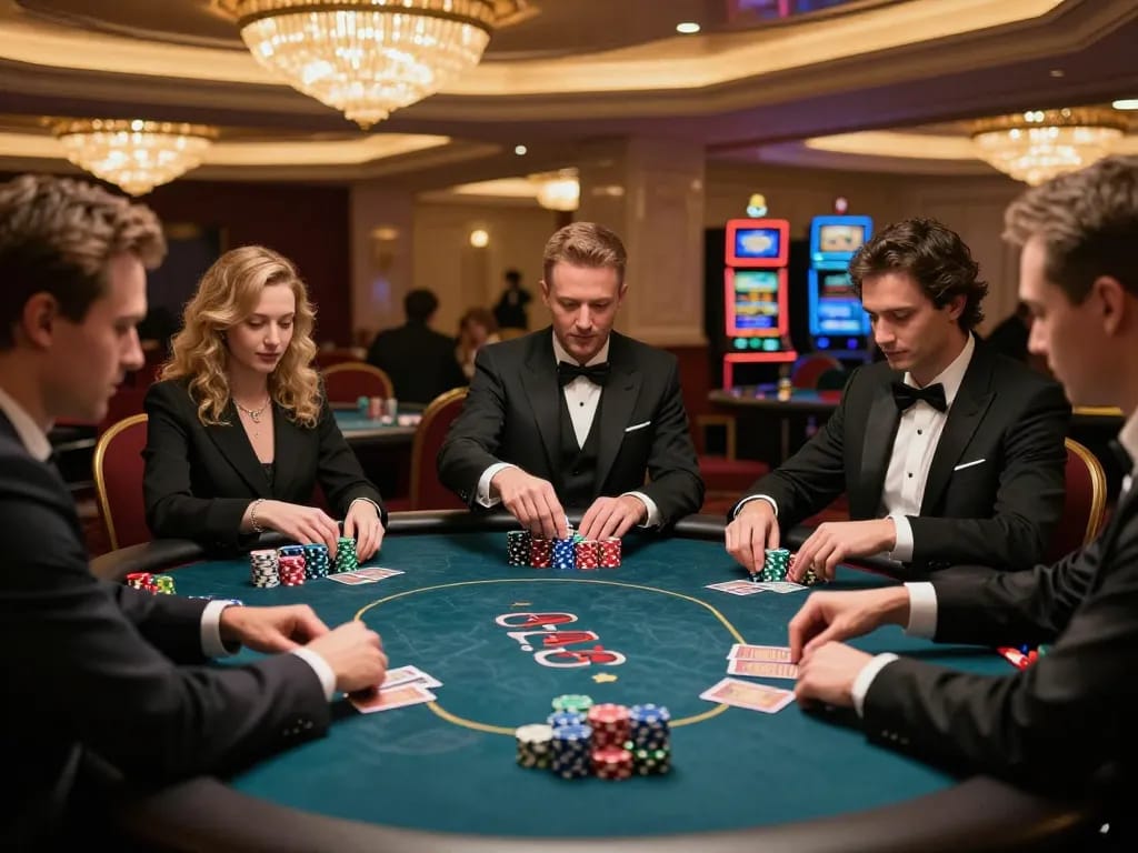 Players engaging in a competitive TG88 poker game at a luxurious casino table with colorful chips