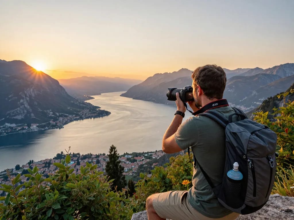 Malersicher Sonnenuntergangsblick auf den Gardasee mit Reisendem, der Gardasee Reisetipps Momente in der Natur festhält.