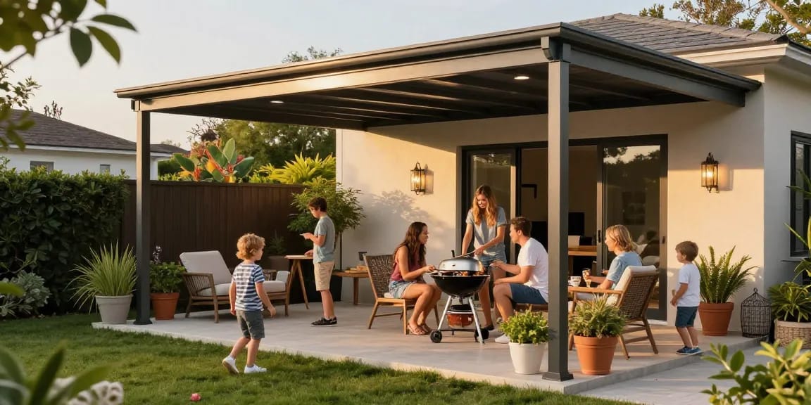 Moderne Terrassenüberdachung bietet Schutz für die Familie beim Grillen im Garten.