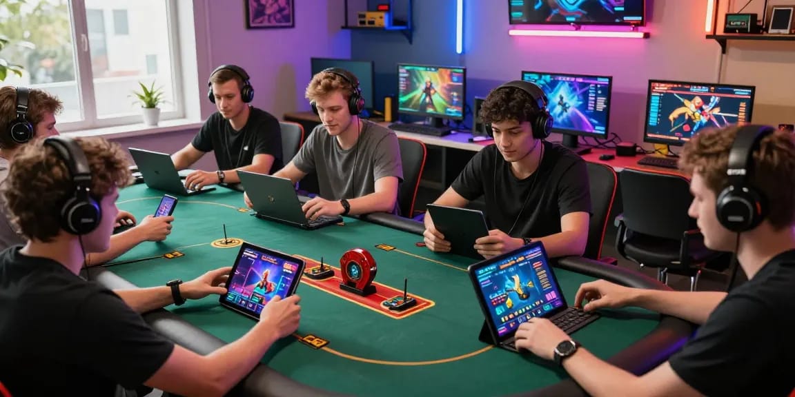 Dynamic online gaming scene at https://gemwin.pics/, featuring players on various devices, vibrant graphics, and an energetic atmosphere.