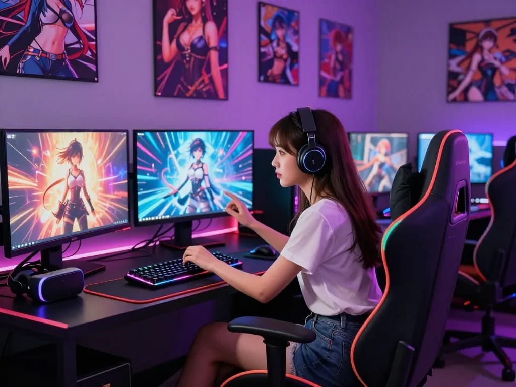 Exciting female protagonist porn games depicted in a vibrant gaming lounge with immersive digital displays.