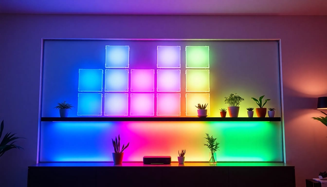 Nanoleaf Blocks Test Deutsch: Stilvolles RGB-Beleuchtungssystem an einer Glaswand, das Funktionalität und ästhetische Anziehungskraft zeigt.