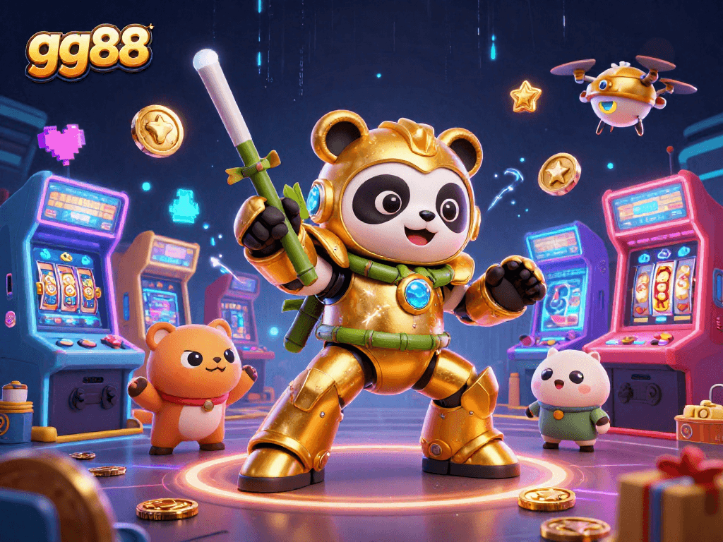 Engage with vibrant gg88 casino gaming as a golden panda pilot battles with dynamic game elements.