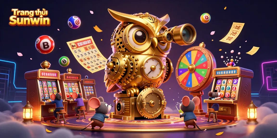 Play exciting games at Trang chủ Sunwin with a dazzling 3D casino scene, featuring vibrant lottery elements and an owl mascot.