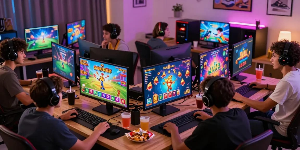 B52 CLUB gamers enjoying thrilling card and slot games online at https://b52club.radio.fm/ in a lively living room atmosphere.