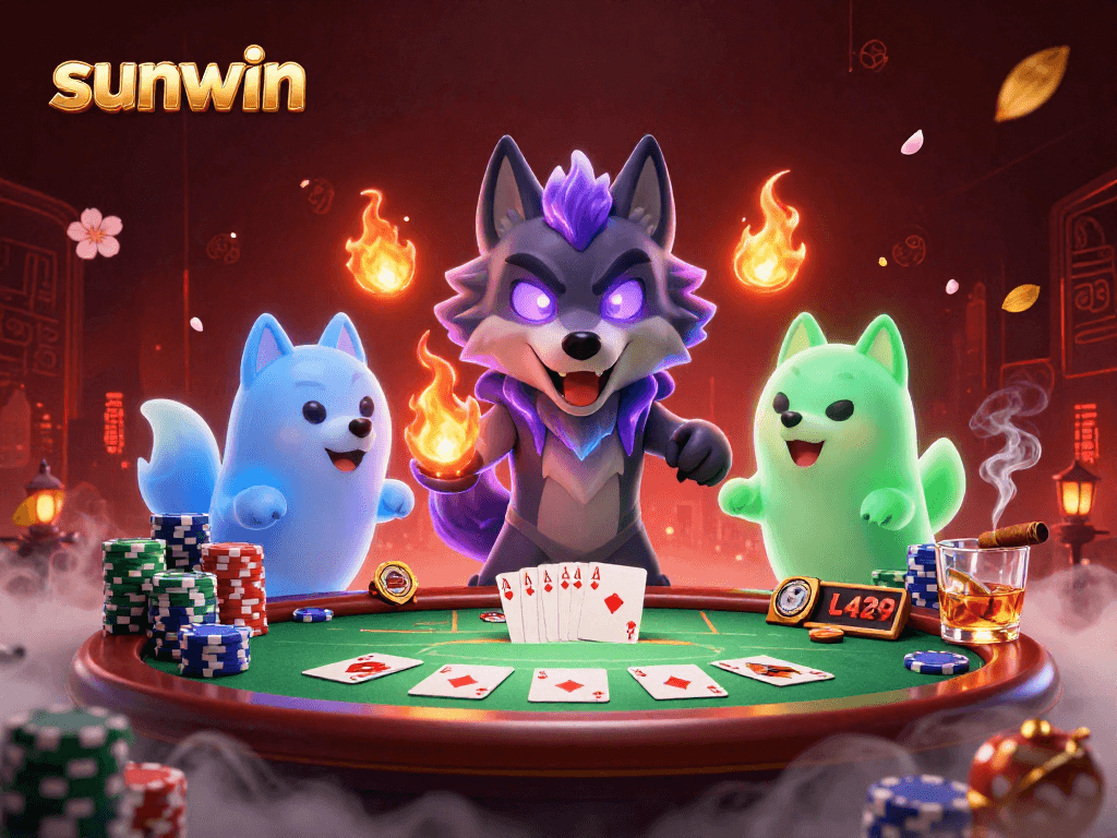 Play poker with sunwin's vibrant wolf characters and rich casino elements in this captivating 3D illustration.