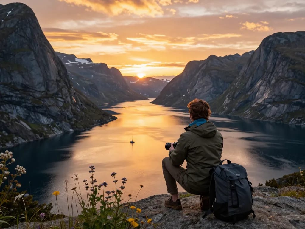 Reisetipps Skandinavien Reisender genießt einen atemberaubenden Fjordblick bei Sonnenuntergang in Norwegen.