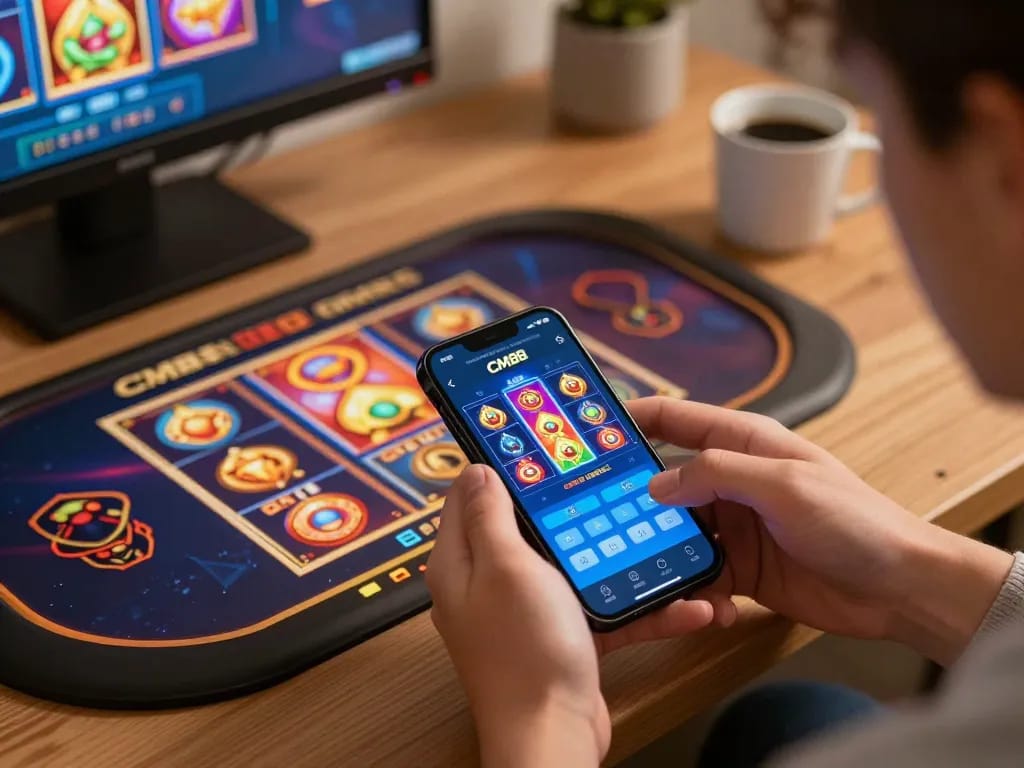 Engaging with CM88 casino app on a smartphone in a cozy home gaming setup.