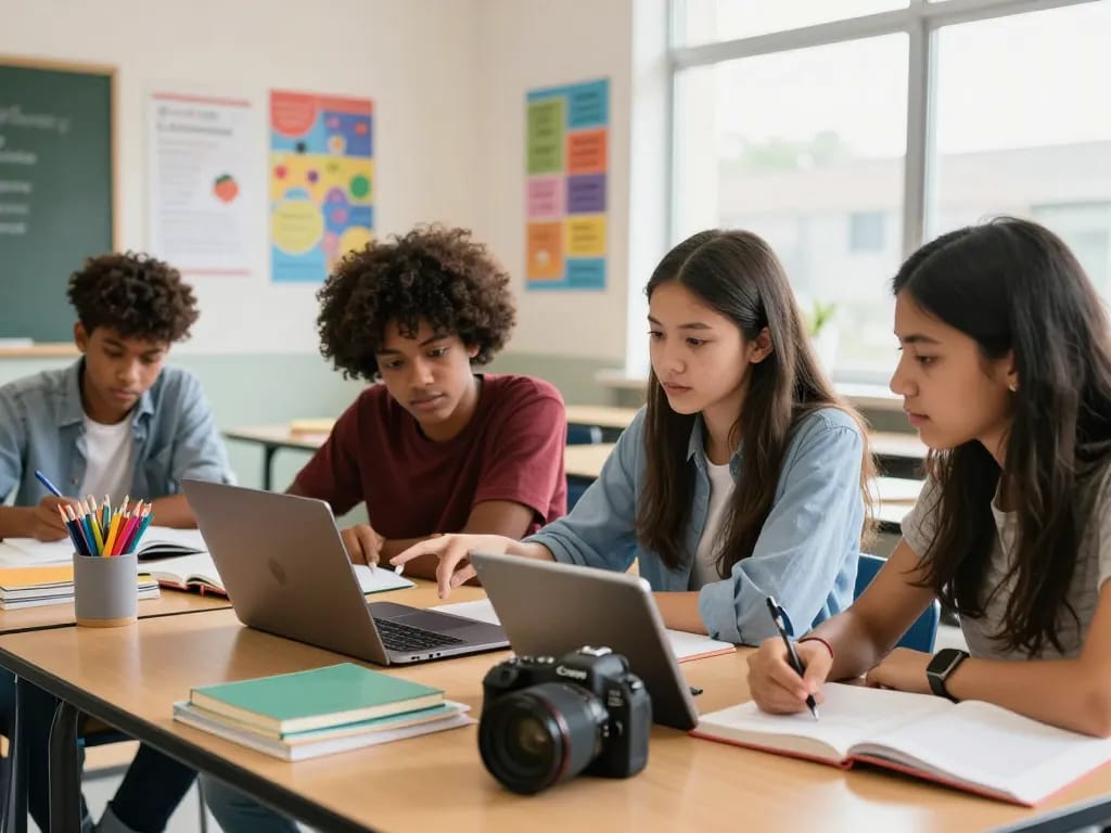 Studenten, die in einem hellen Klassenzimmer mit Hausaufgaben KI Technologien zusammenarbeiten.