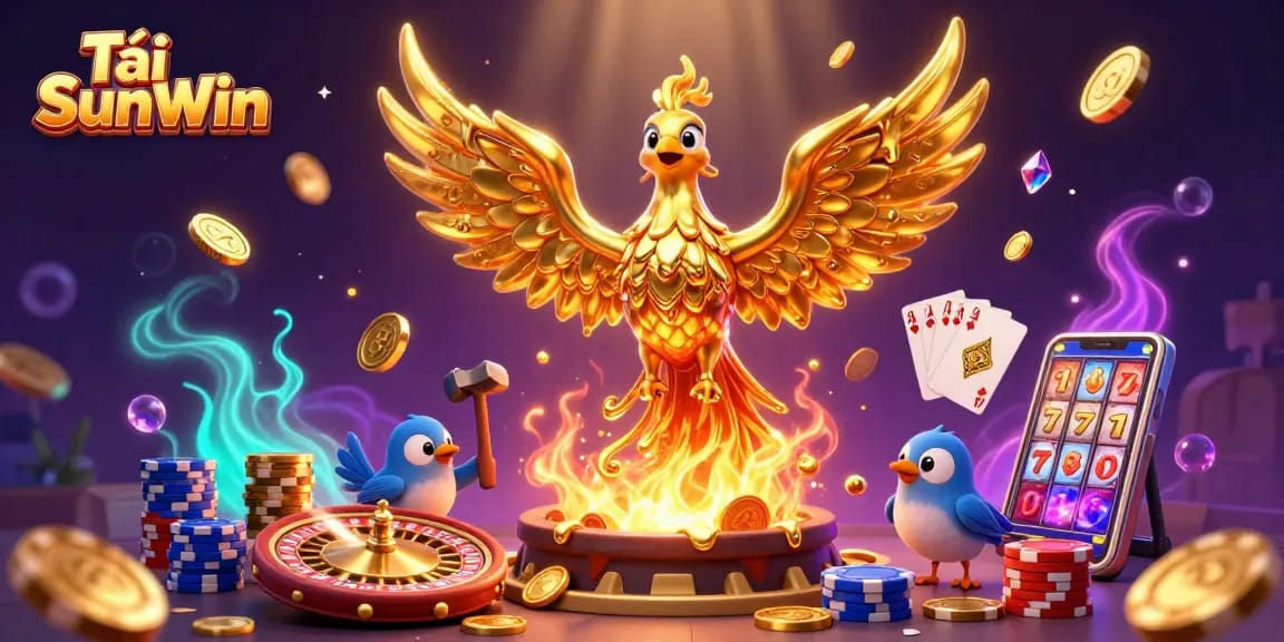 Tải SunWin features a golden phoenix and casino elements in a vibrant 3D illustration.