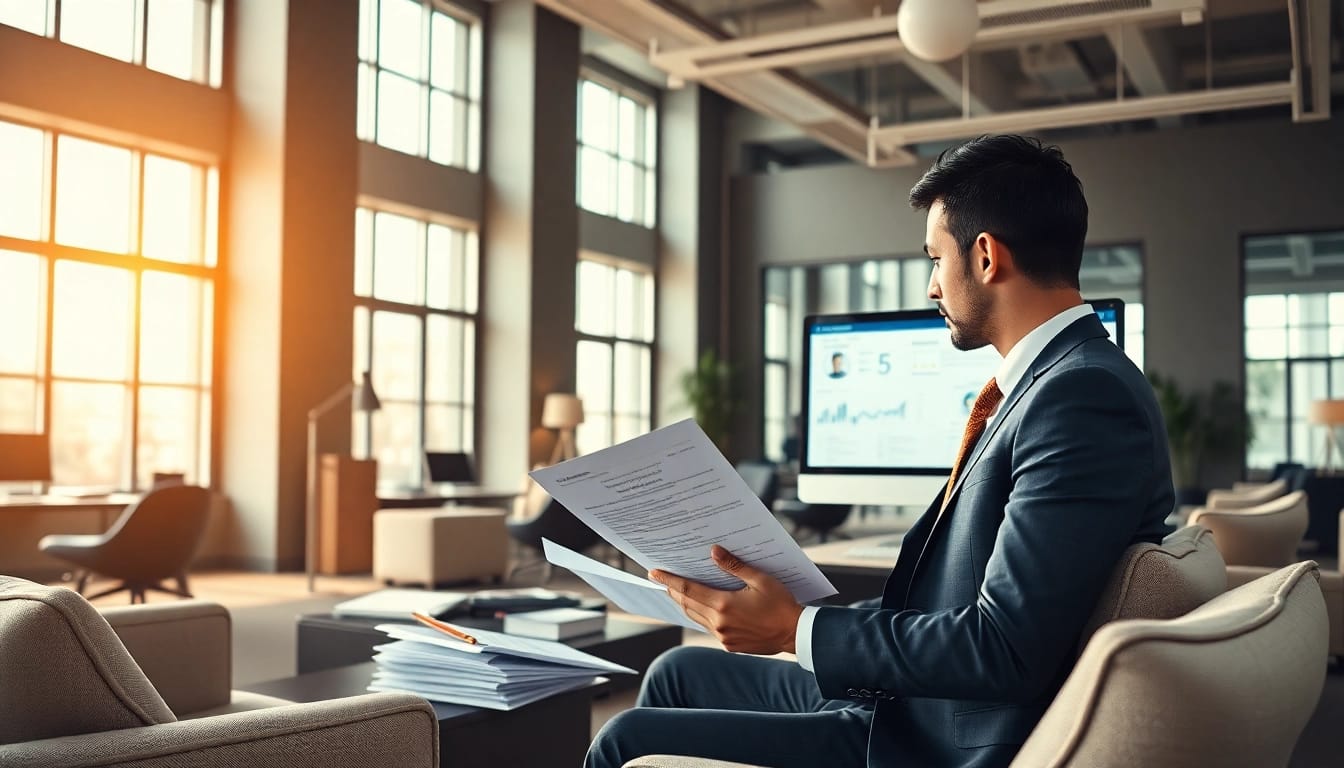 Headhunter Ingenieure reviewing candidate profiles in an elegant office environment.