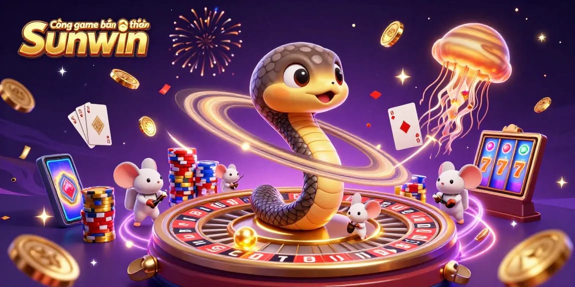 Cổng game bài đổi thưởng Sunwin invites players to experience a vibrant 3D digital casino scene filled with excitement and activities.