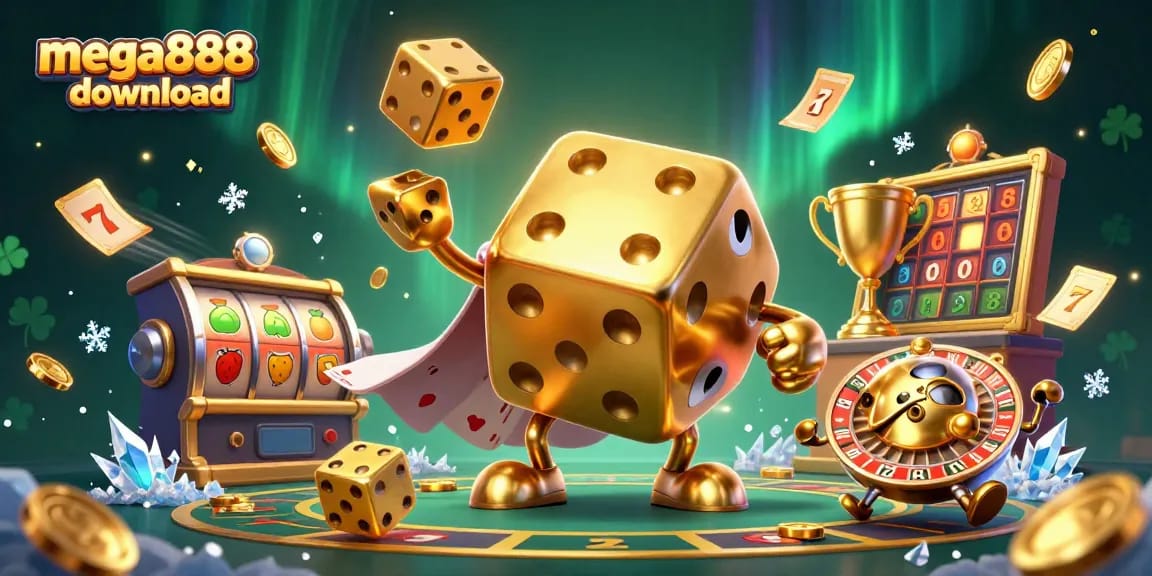 Engage in a thrilling mega888 download experience with dynamic casino elements featuring golden dice and slot symbols.