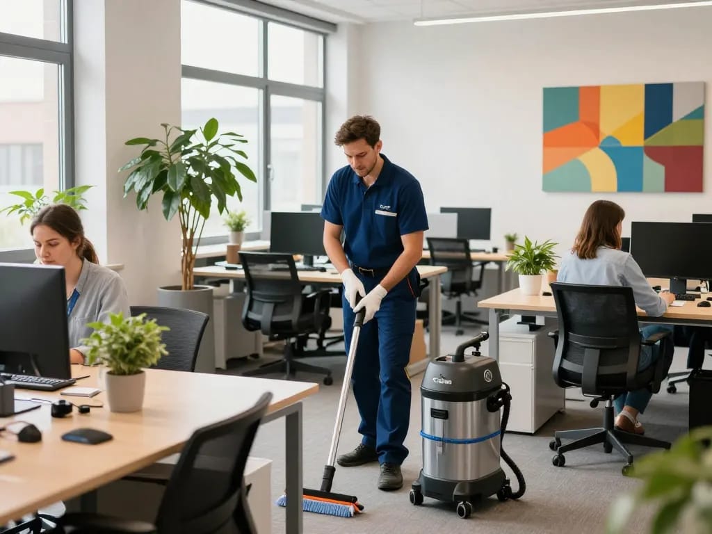 Professionelle Unterhaltsreinigung – Münster & Umgebung in einem lebhaften Büro mit einer Reinigungskraft, die Hygiene und Sauberkeit gewährleistet.