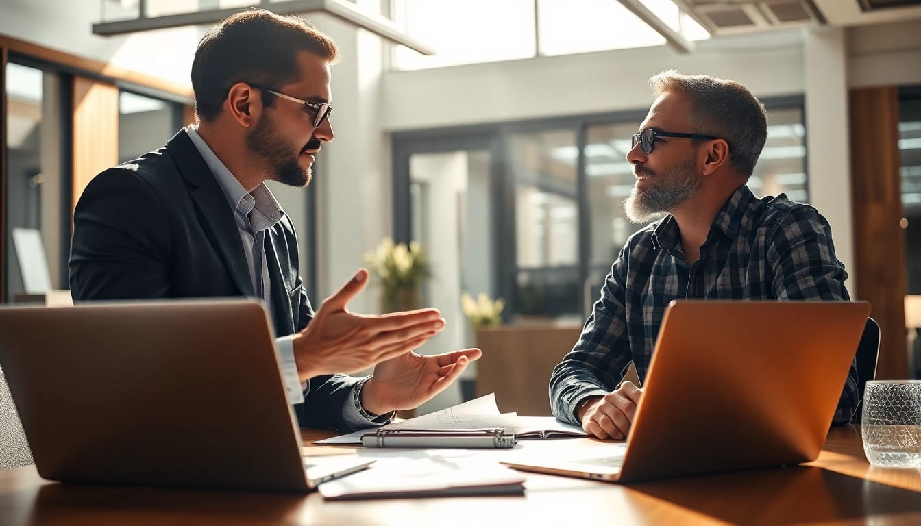 Headhunter Ingenieure im Gespräch mit einem Ingenieur in einem modernen Büro.