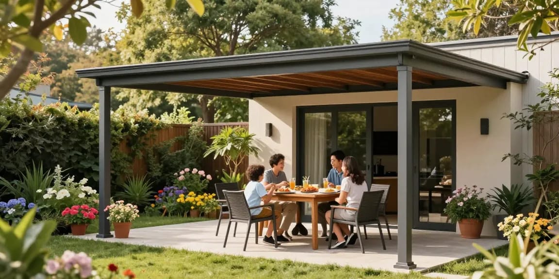 Freistehende Terrassenüberdachung mit Familie beim Essen im Garten, einladende Atmosphäre.