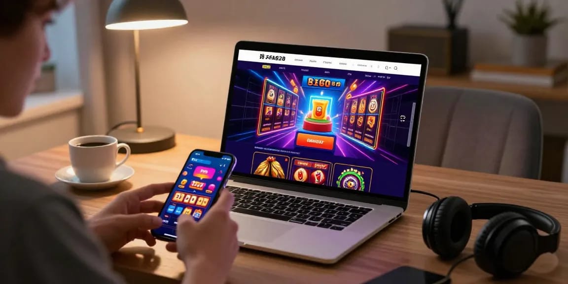 Engaged user exploring FAFA828's online gambling features on laptop and mobile.