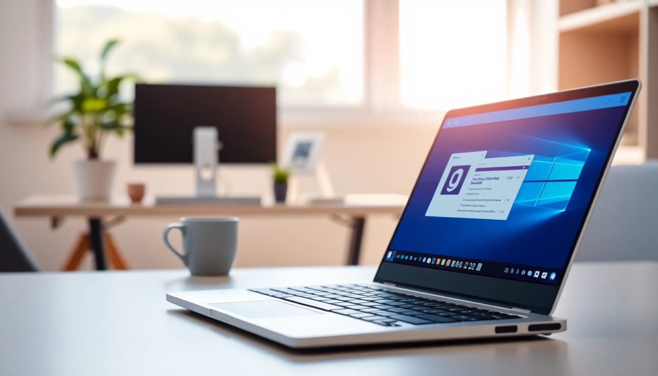 Microsoft Office 2024 Pro Plus Vollpaket auf einem Laptop in einem modernen Büro.