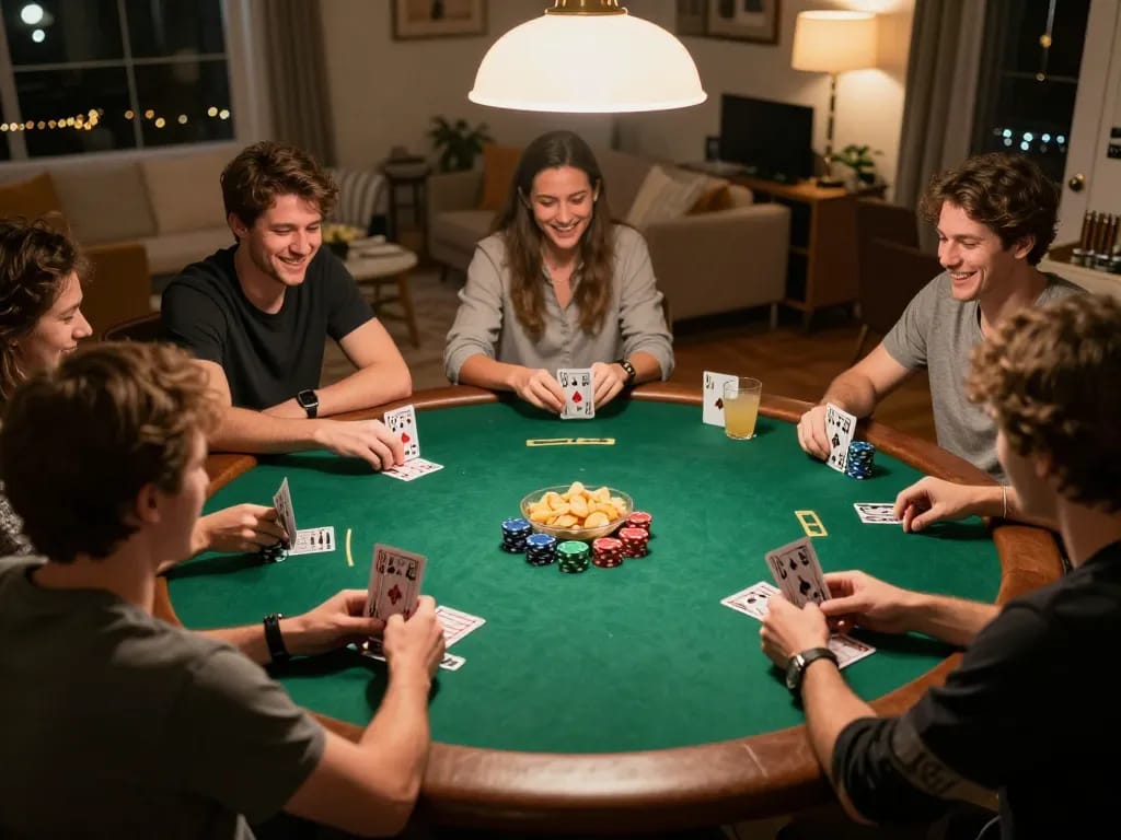 Heimspielabend mit Freunden, die ein Spiel genießen, während Immobilienmakler Frankfurt Ginnheim professionelle Unterstützung bietet.