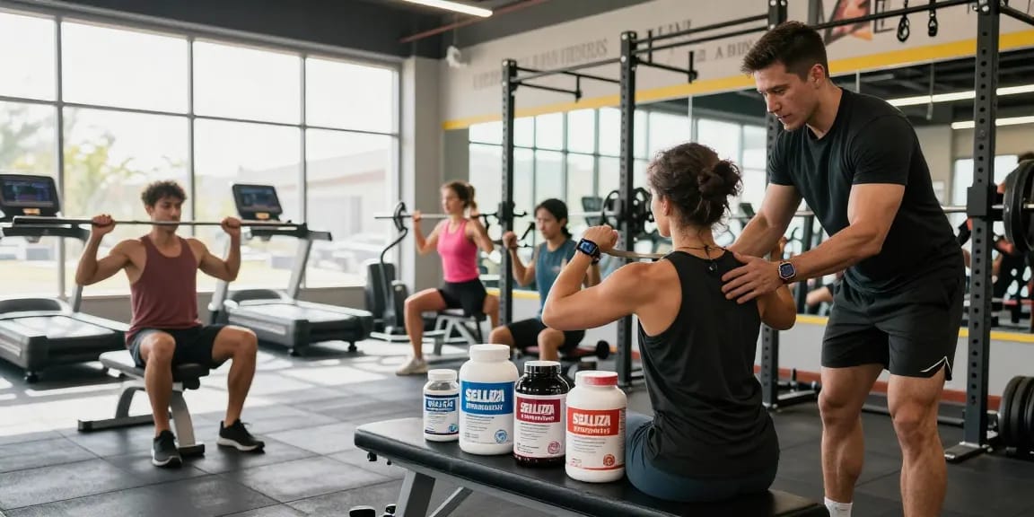 Vertrauenswürdige Produkte von Selliza Shop in einem Fitnessstudio mit engagierten Athleten.