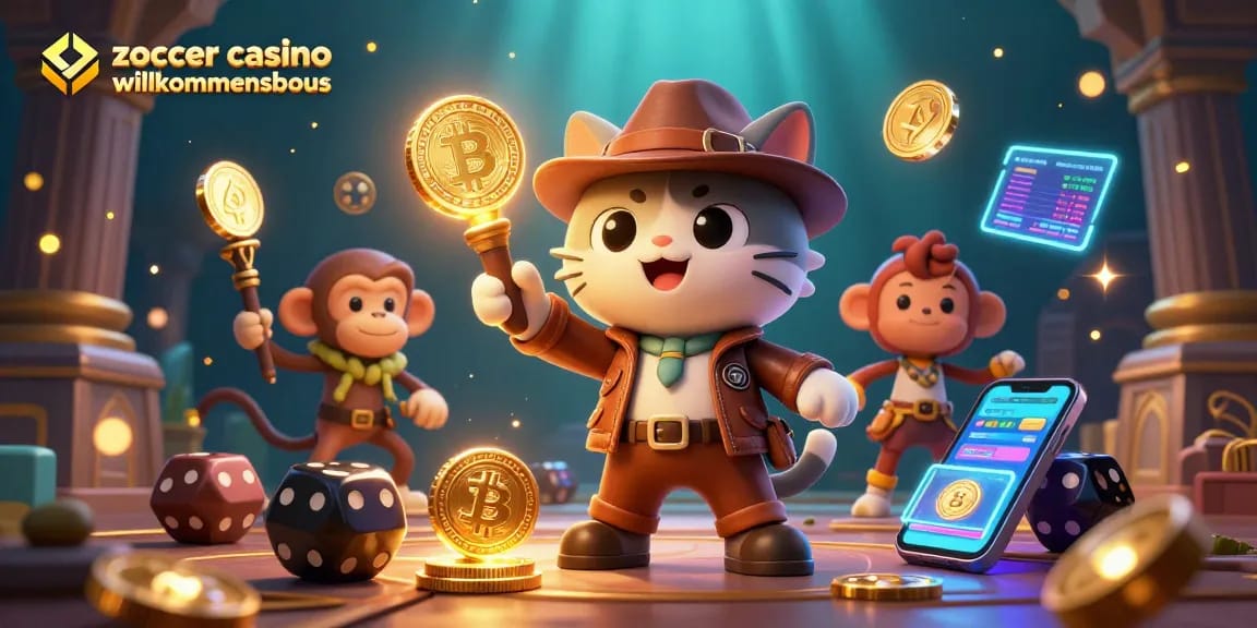 Erleben Sie den zoccer casino Willkommensbonus mit einer 3D-Illustration, die die aufregende Welt des Online-Glücksspiels zeigt.