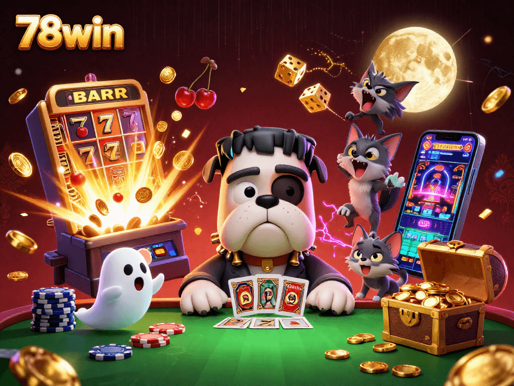 Experience the thrill of winning at 78win with vibrant 3D casino illustrations showcasing lively characters and dynamic gameplay.