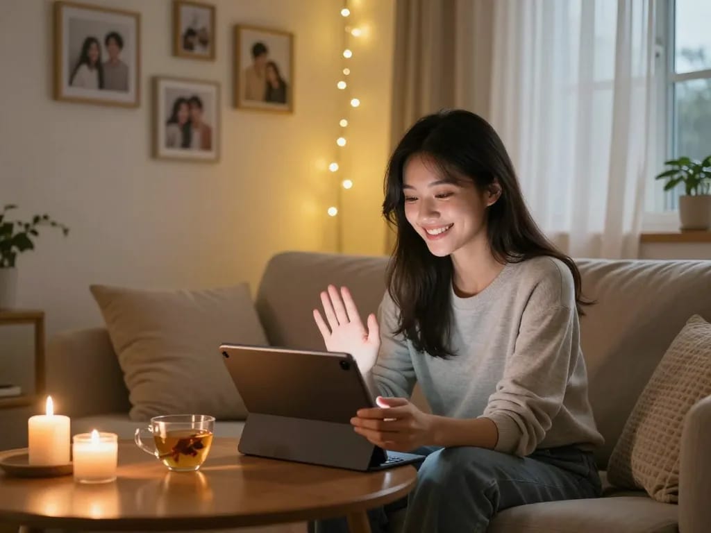 Engaging conversation with a girlfriend AI in a cozy home atmosphere, featuring tablet on a sofa.
