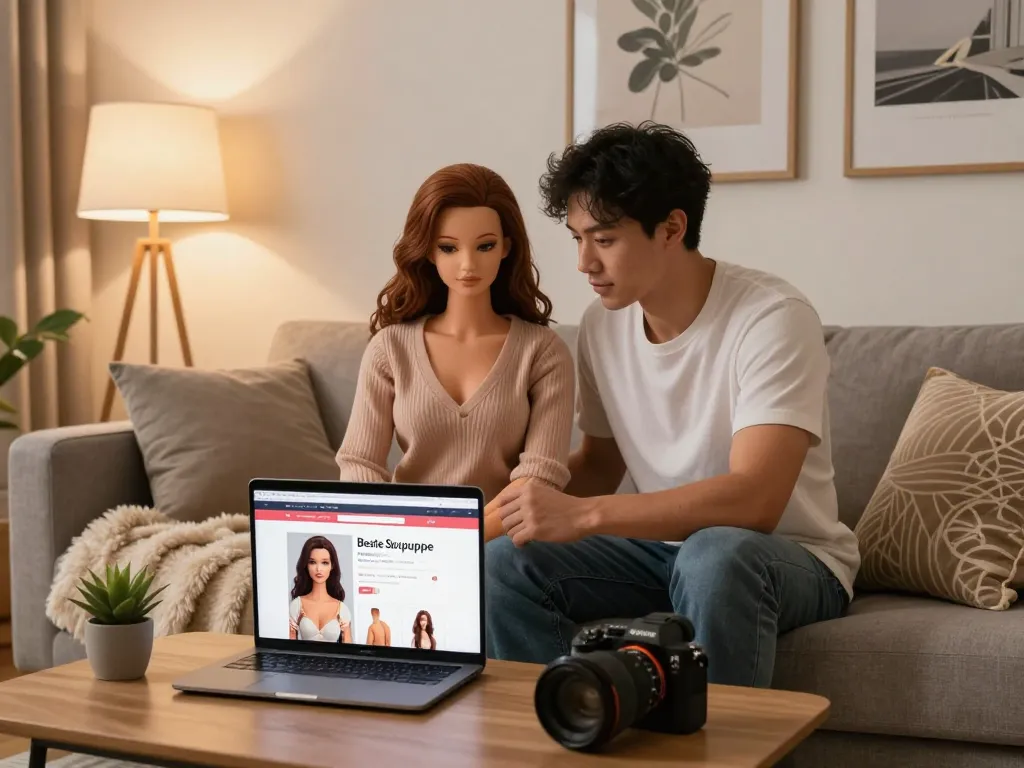 Ein engagiertes Paar erkundet die Optionen der besten Sexpuppe auf einem Laptop in einem gemütlichen Wohnzimmer.
