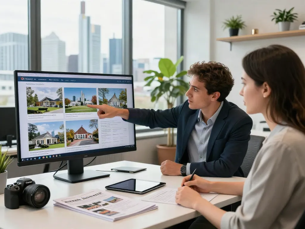 Der beste Immobilienmakler Frankfurt zeigt einem Kunden Immobilienoptionen und Beratung in einem modernen Büro.