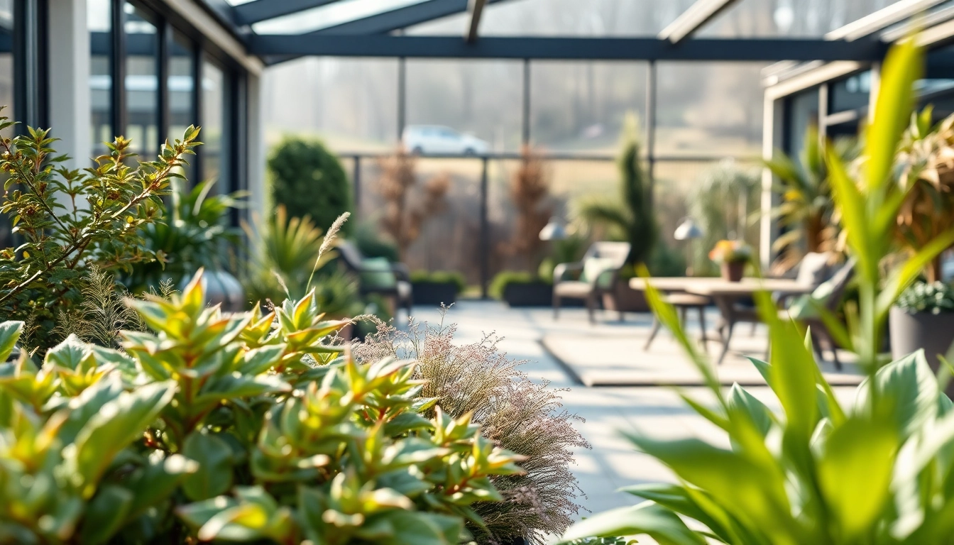 Wintergarten mit luxurioesen Pflanzen und modernem Design in natuerlichem Licht.