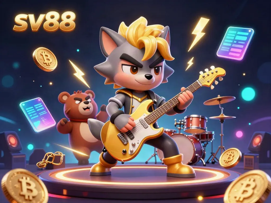 Experience the excitement of sv88 with a vibrant 3D casino illustration featuring rock star characters and crypto elements.