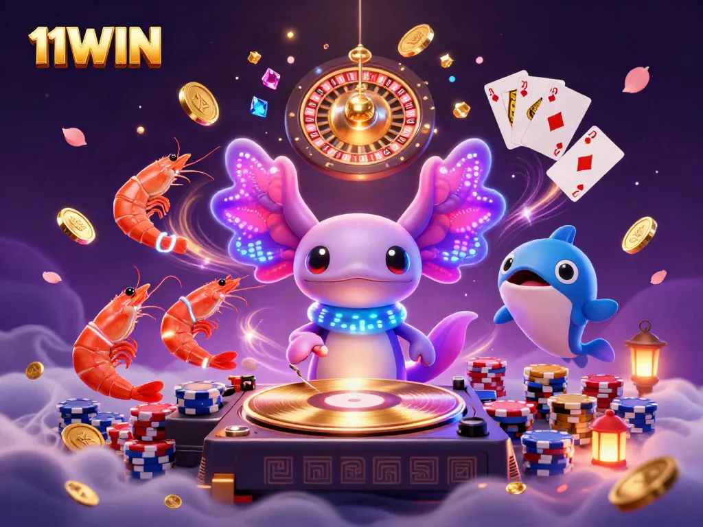 Engage with 11WIN's vibrant casino experience featuring neon characters and dynamic game elements.