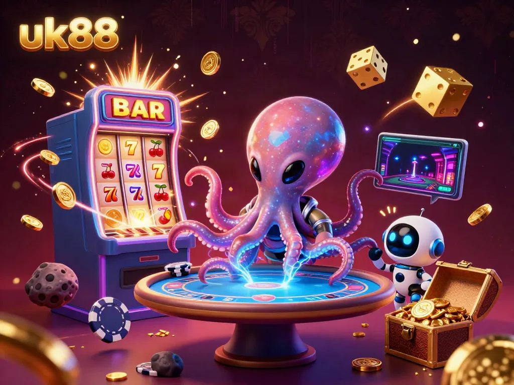 Experience the thrill of uk88 at this vibrant 3D alien casino scene featuring poker and slots.