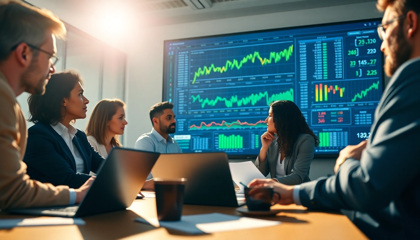 Muster Aktien Analyse zeigt Analysten in einem modernen Büro, die Aktien diskutieren und verwalten.