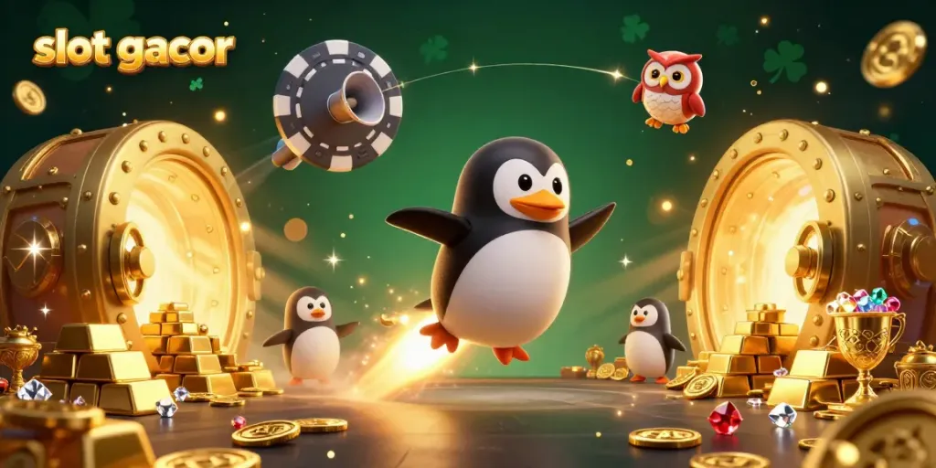 Experience the thrill of slot gacor with a golden penguin racing through a casino-themed cosmos, surrounded by treasures.