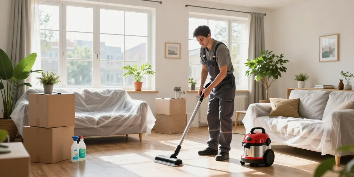 Professional cleaner executing an efficient umzugsreinigung bern in a bright living room, focusing on thorough attention to detail.