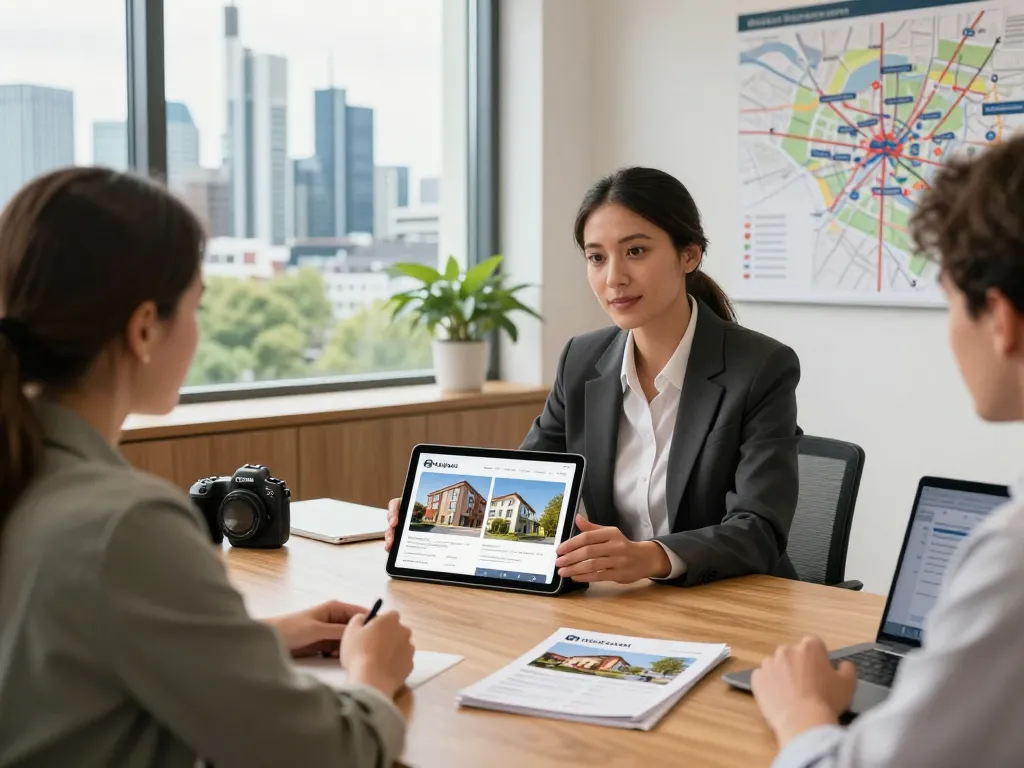 Fesselnde Immobilienszene mit Immobilienmakler Frankfurt Ginnheim, der lebendige Immobilienangebote seinen Kunden präsentiert.