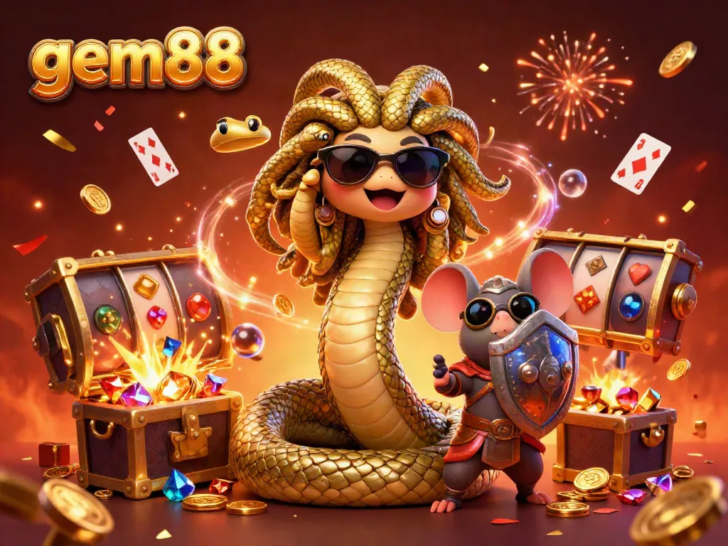Play exciting casino games with Medusa and a warrior at gem88, featuring vivid 3D elements and dynamic action.