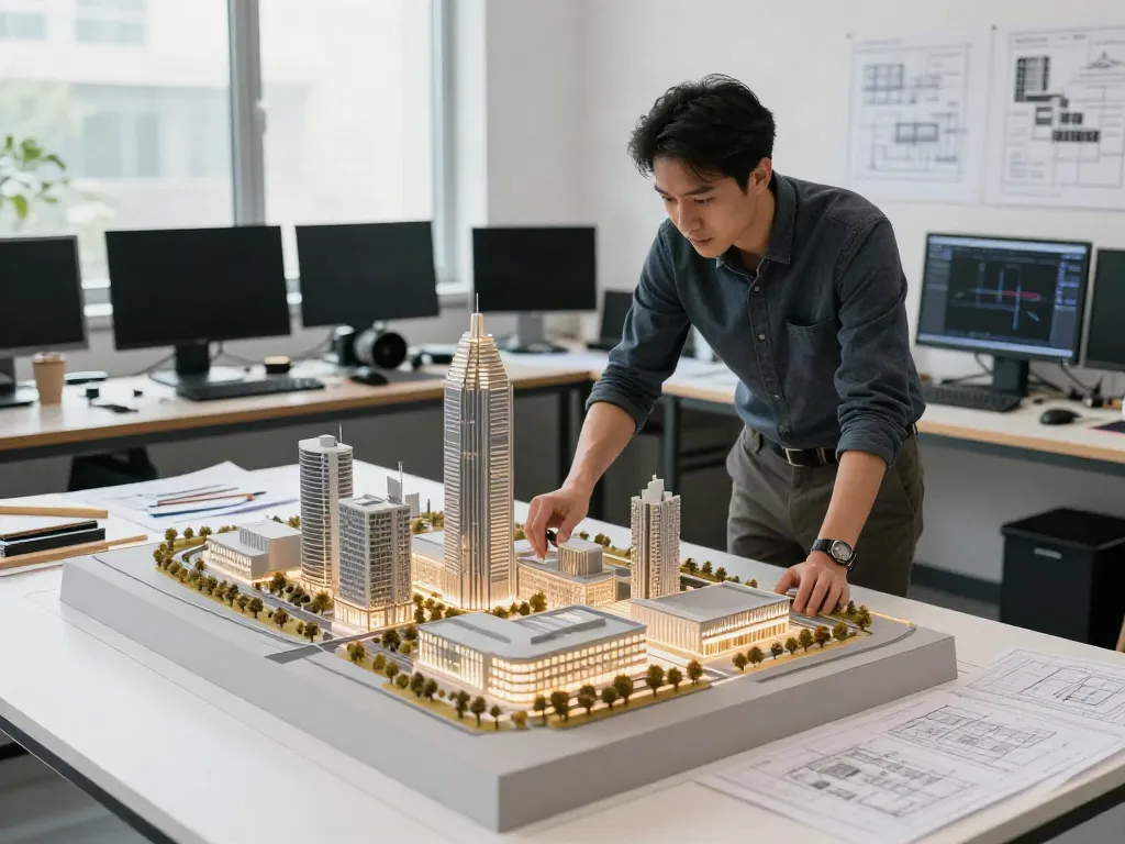Architekturmodell Wettbewerbsmodell in Designstudio mit LED-Beleuchtung und Detailansicht.