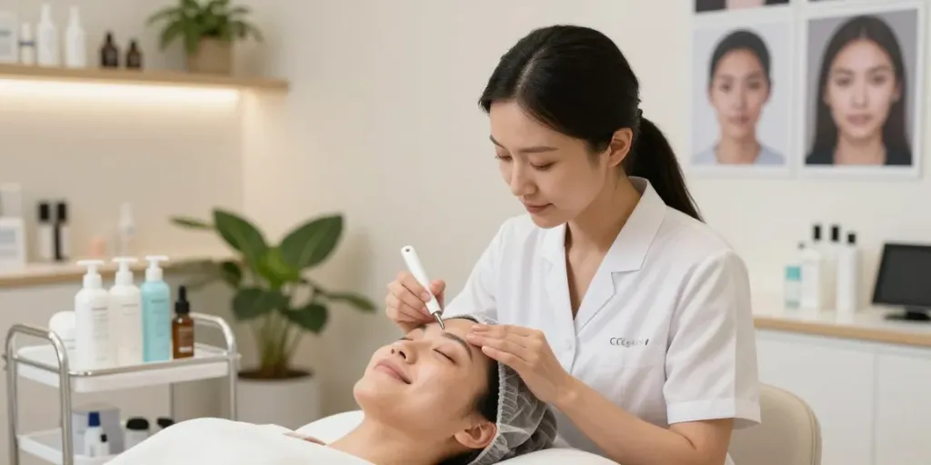 Augenringe entfernen mit CCeye-Behandlung in einem modernen Schönheitssalon.